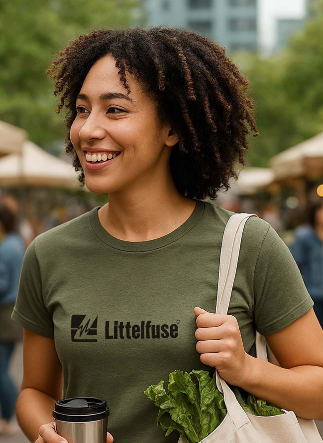 Olive organic cotton tee with the Littelfuse logo worn at an outdoor market