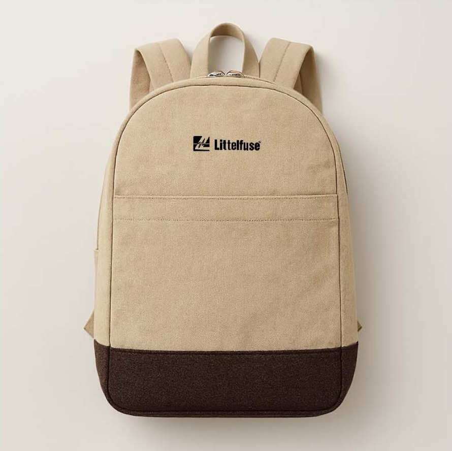 Sand and brown recycled canvas backpack with the Littelfuse logo