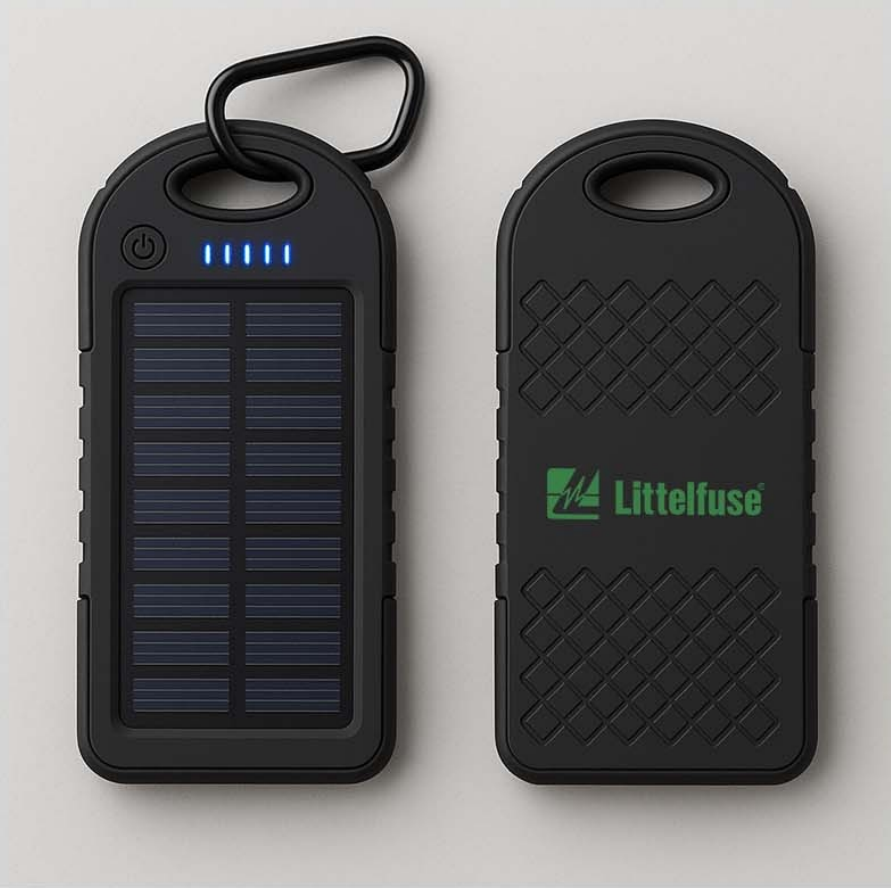 Rugged solar power bank with a carabiner and the green Littelfuse logo